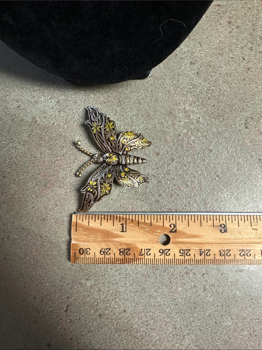 Vintage Spanish Damascene Style Gold Tone Butterfly Brooch with Yellow Accents - Picture 9 of 10